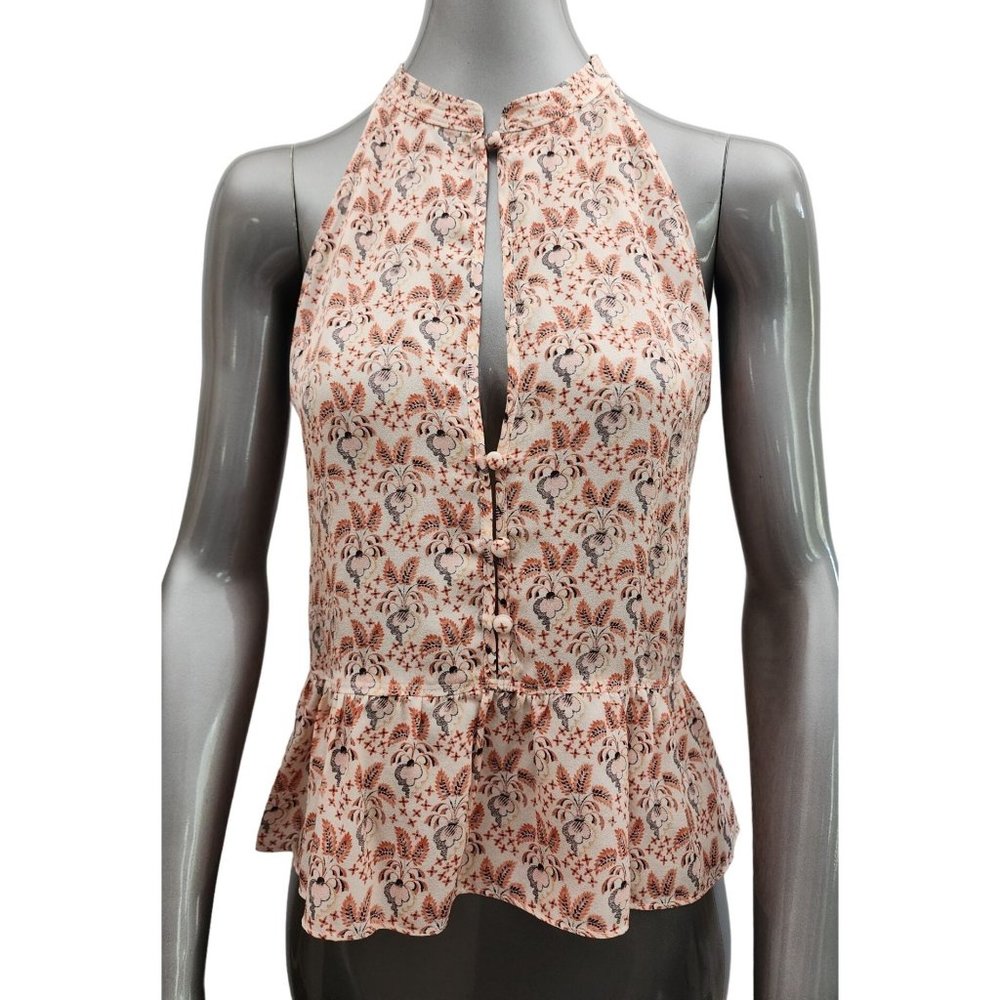 A.L.C. Silk Top Peplum Keyhole Blouse  Floral Sleeveless Button ALC 4